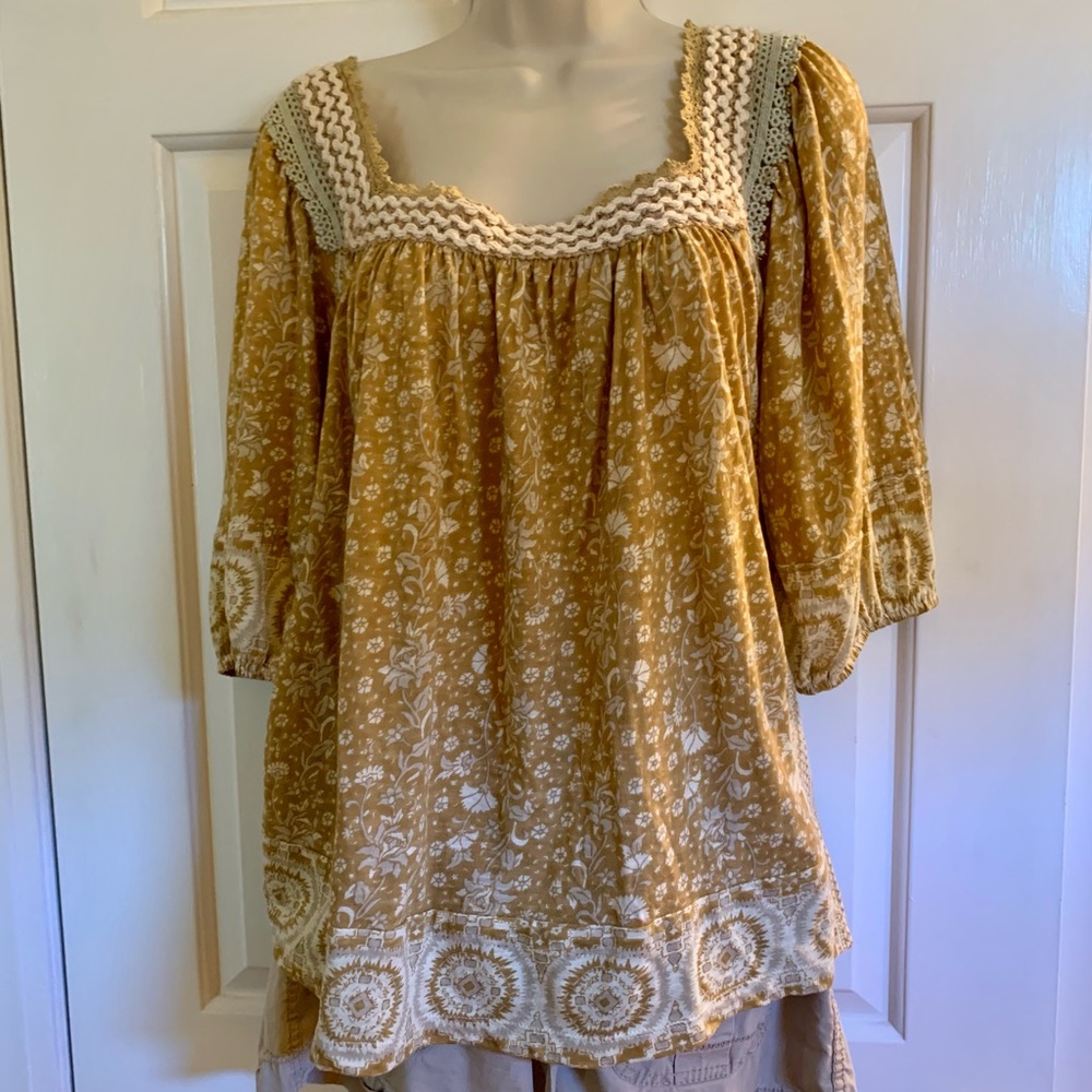 Rachel Zoe Mustard Yellow Floral Boho Blouse with Crochet Trim